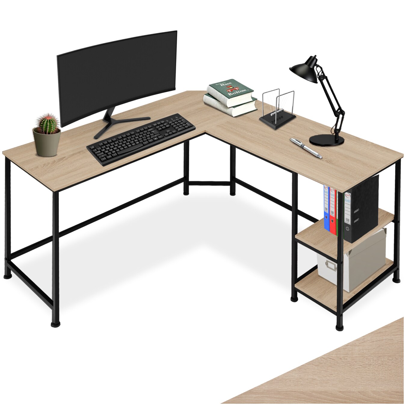 tectake® Schreibtisch, Industrial Style, Seitenregal mit 2 Ablagefächern, 138 x 138 x 75,5 cm