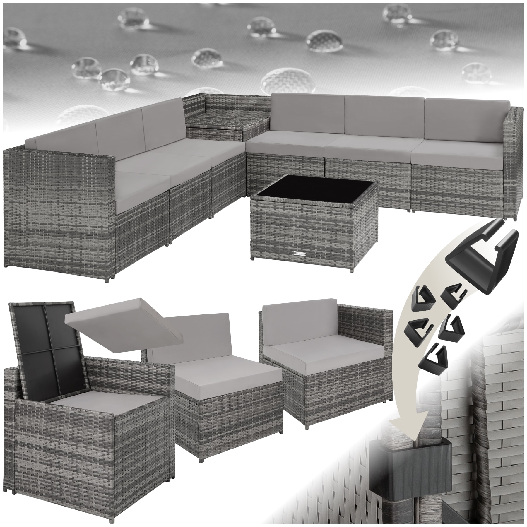 tectake&reg; Rattan Lounge, f&uuml;r 6 Personen, gro&szlig;e Aufbewahrungsbox, mit Sicherheitsglasplatte - Bild 1