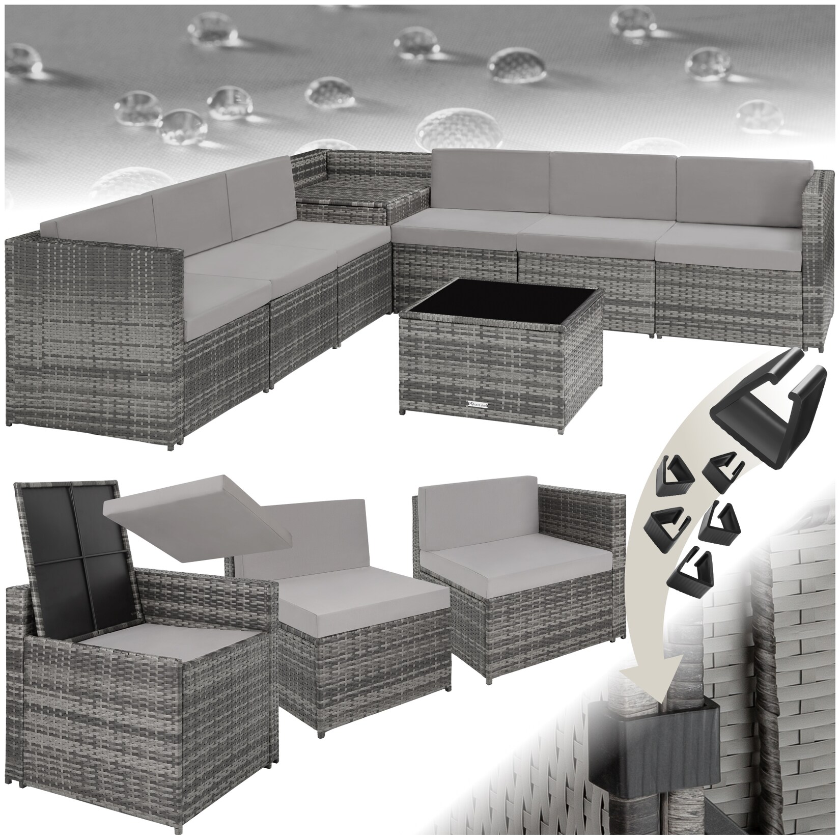 tectake® Rattan Lounge, für 6 Personen, große Aufbewahrungsbox, mit Sicherheitsglasplatte | 04061173205407