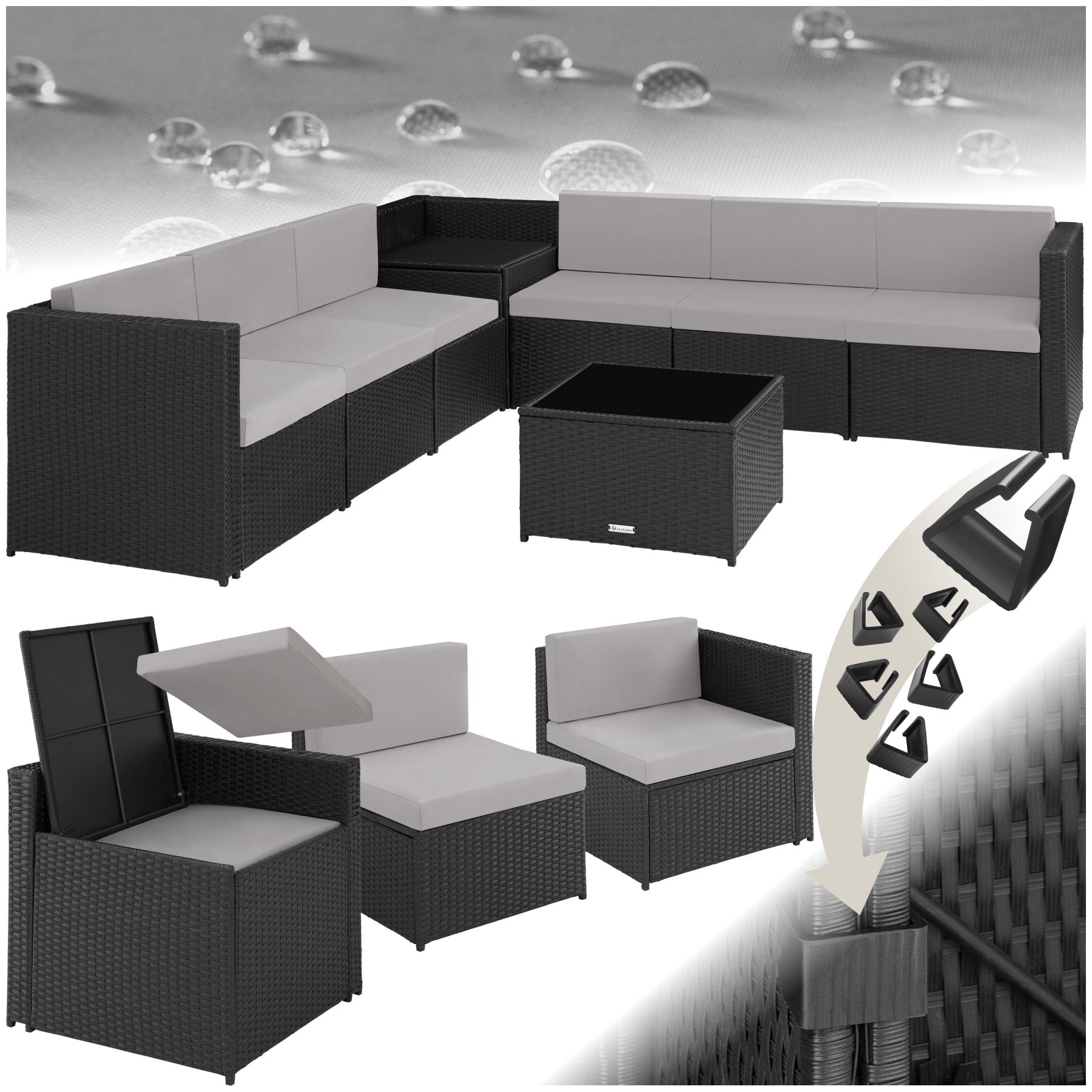 tectake&reg; Rattan Lounge, f&uuml;r 6 Personen, gro&szlig;e Aufbewahrungsbox, mit Sicherheitsglasplatte - Bild 1