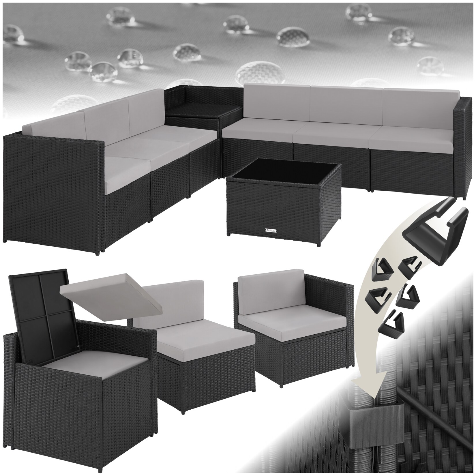 tectake® Rattan Lounge, für 6 Personen, große Aufbewahrungsbox, mit Sicherheitsglasplatte