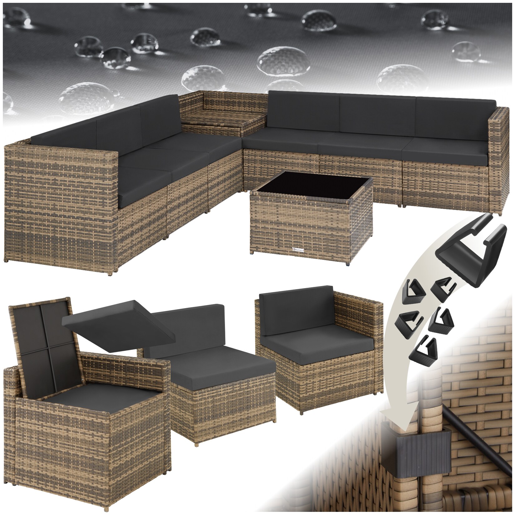 tectake® Rattan Lounge, für 6 Personen, große Aufbewahrungsbox, mit Sicherheitsglasplatte