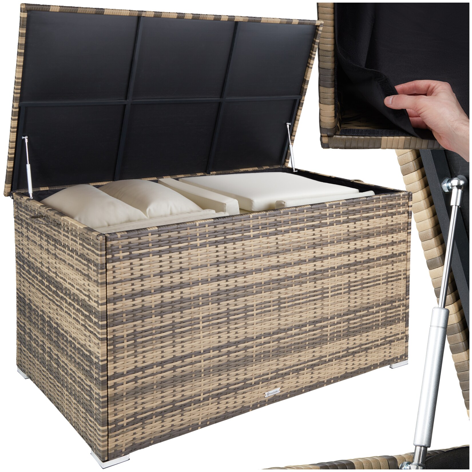 tectake® Auflagenbox, , mit Aluminiumgestell und Rattangeflecht, komfortable Hubautomatik, 145 x 82,5 x 79,5 cm