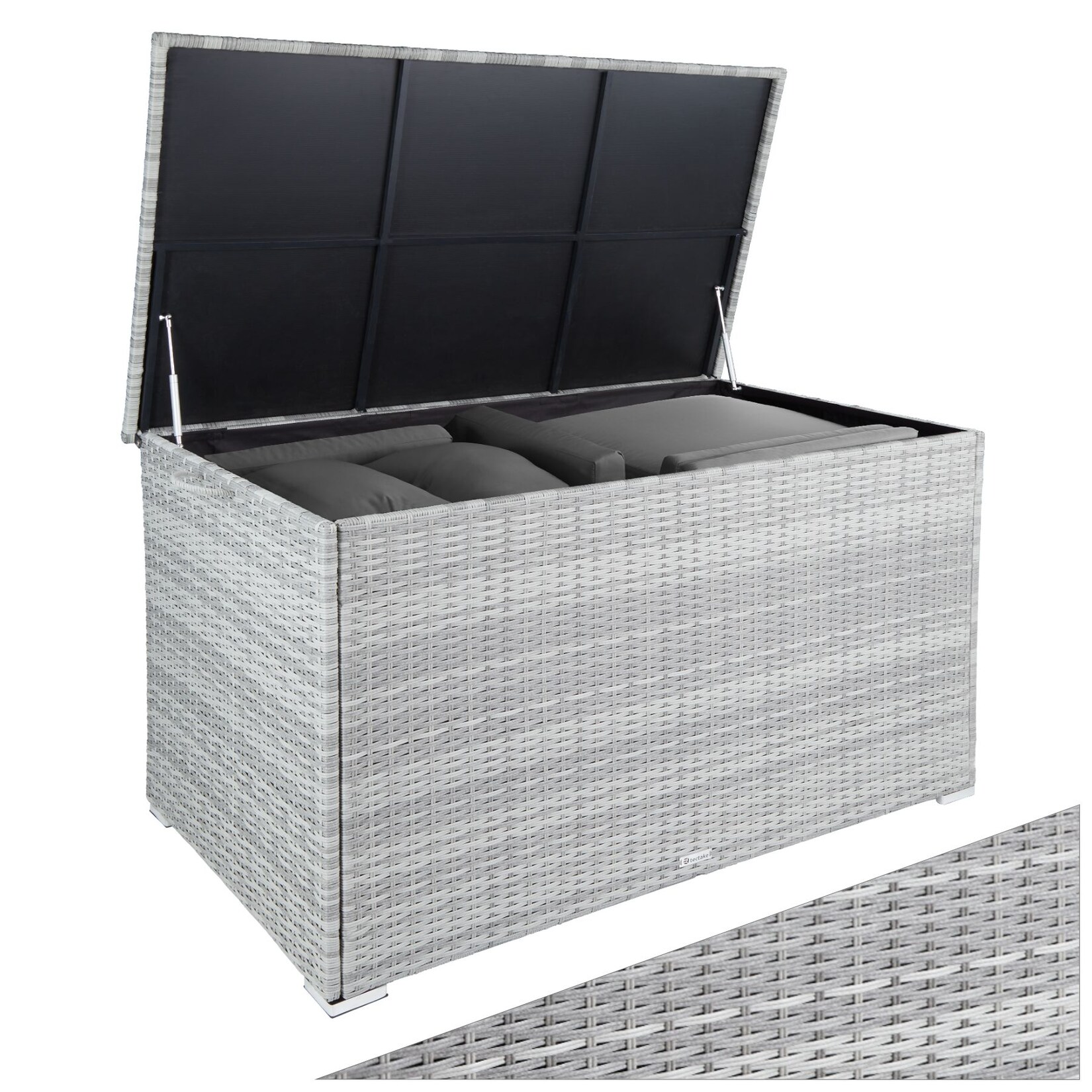 tectake® Auflagenbox, mit Aluminiumgestell und Rattangeflecht, komfortable Hubautomatik, 145 x 82,5 x 79,5 cm