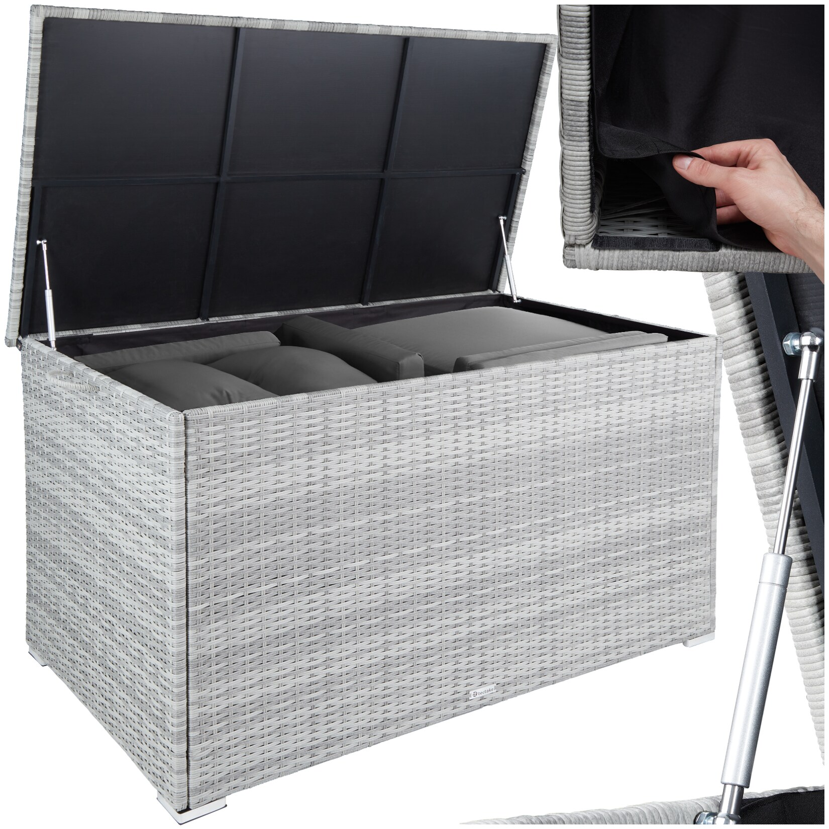 tectake® Auflagenbox, , mit Aluminiumgestell und Rattangeflecht, komfortable Hubautomatik, 145 x 82,5 x 79,5 cm