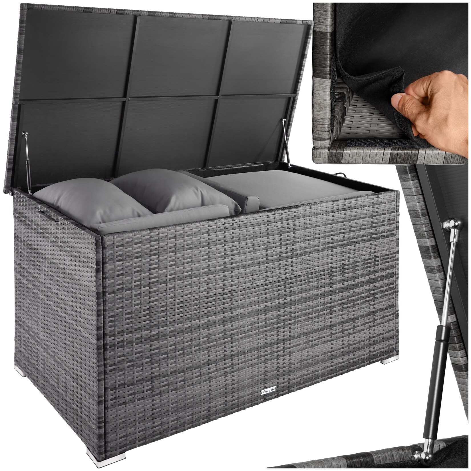 tectake® Auflagenbox, mit Aluminiumgestell und Rattangeflecht, komfortable Hubautomatik, 145 x 82,5 x 79,5 cm | 04061173205506