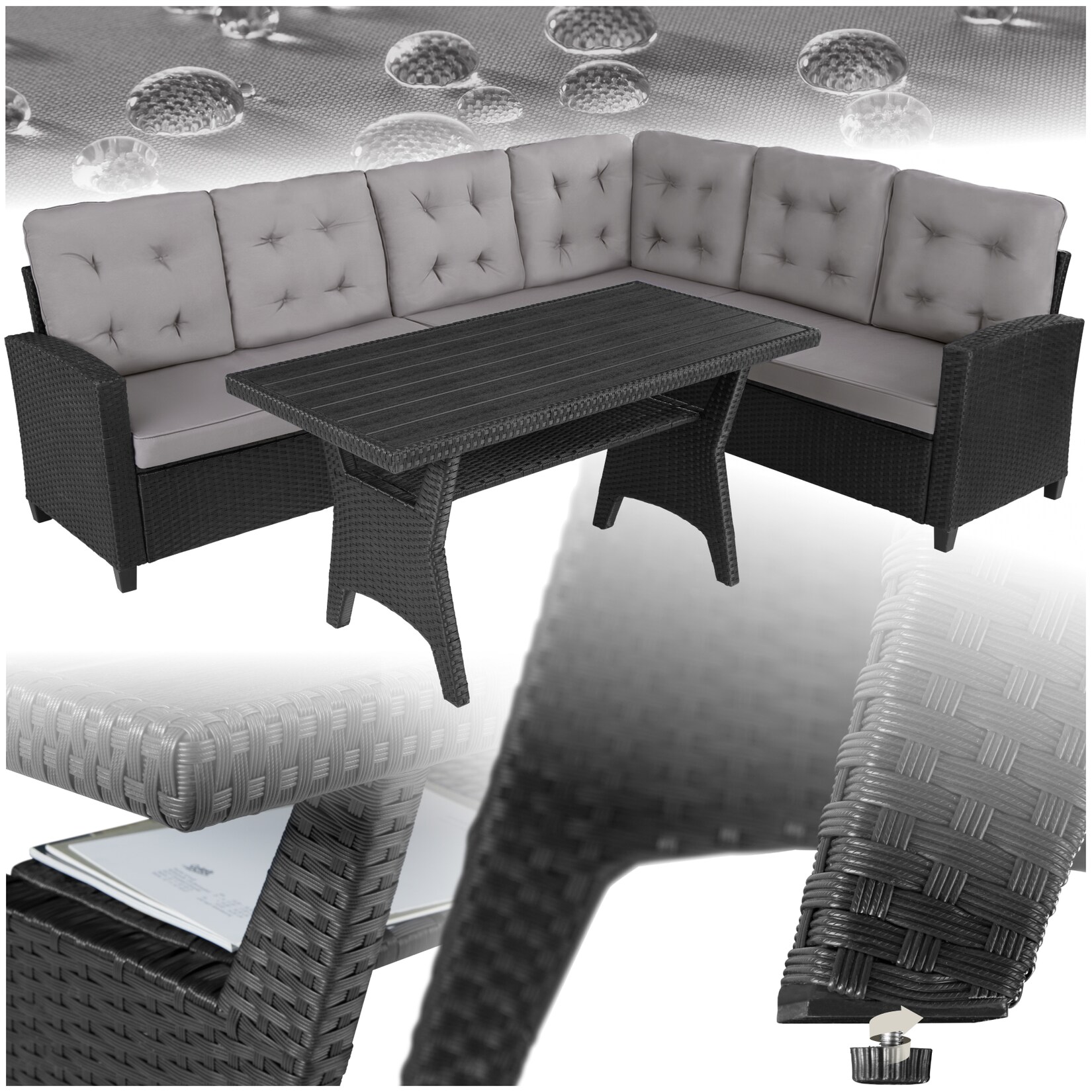 tectake® Rattan Lounge, für 6 Personen, UV-beständig, Tisch mit Schraubfüßen