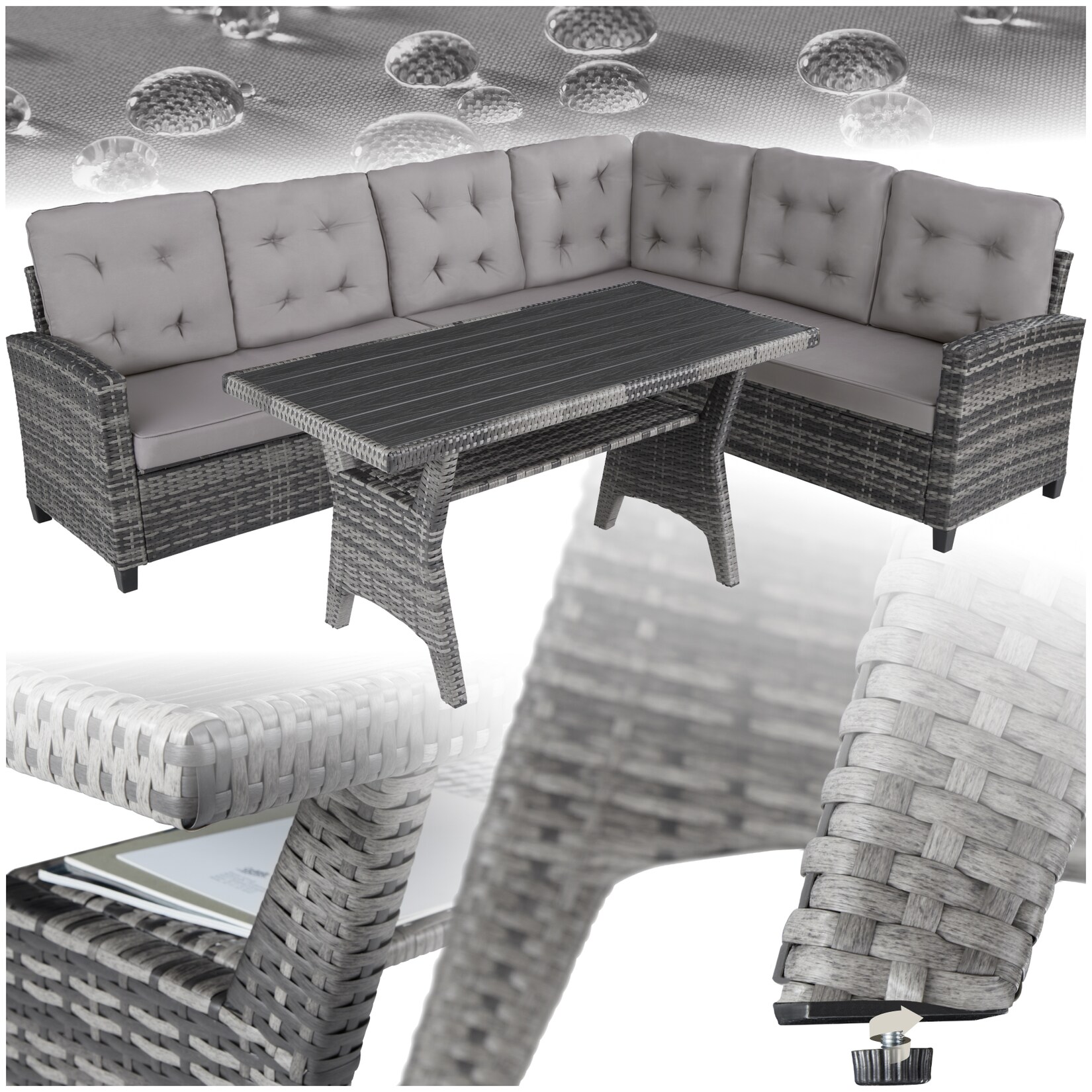 tectake® Rattan Lounge, für 6 Personen, UV-beständig, Tisch mit Schraubfüßen