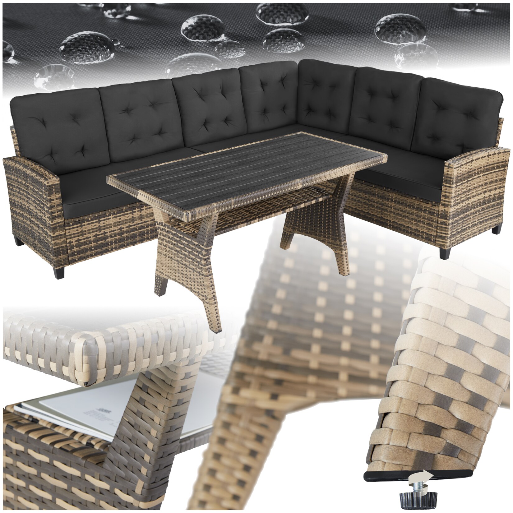 tectake® Rattan Lounge, für 6 Personen, UV-beständig, Tisch mit Schraubfüßen
