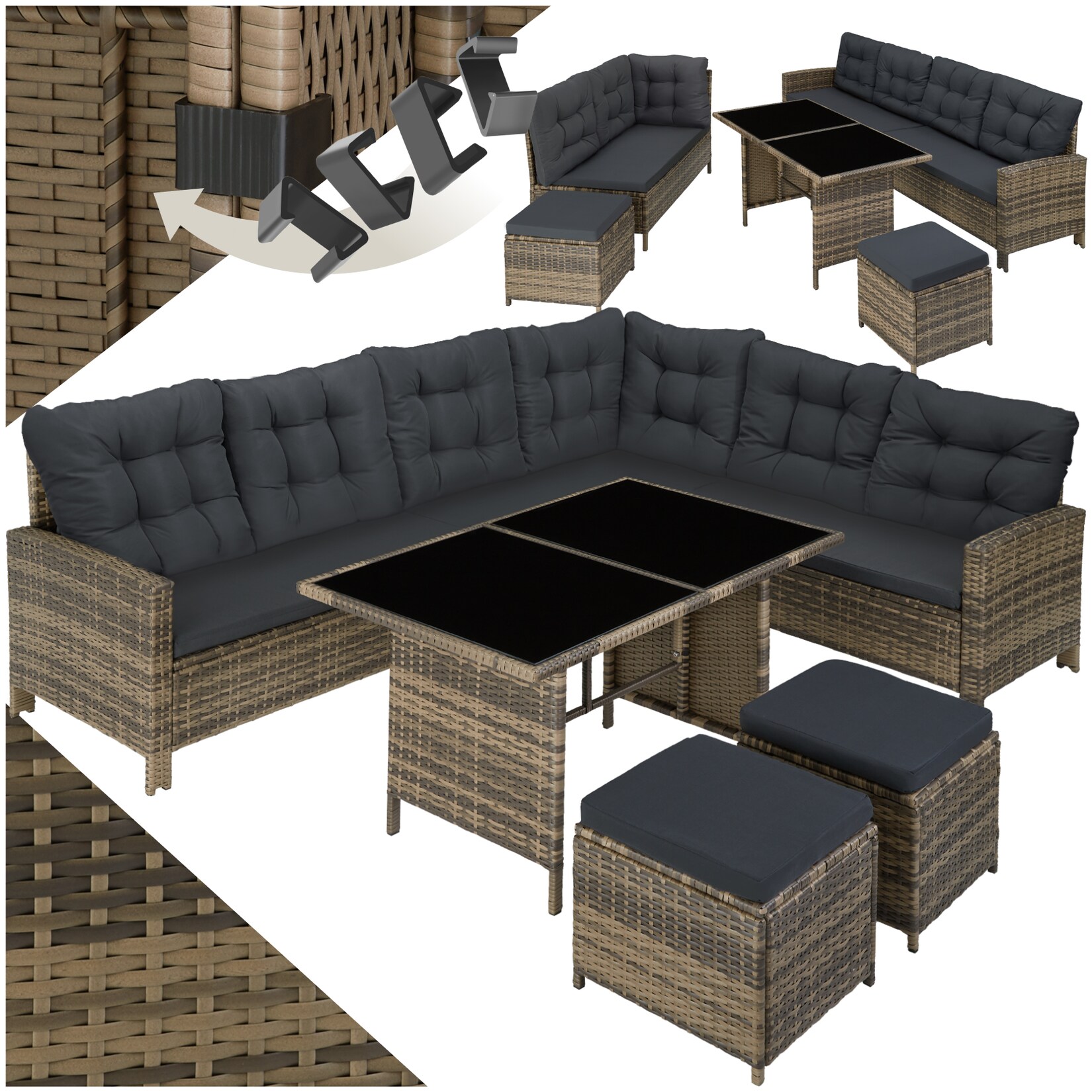 tectake® Rattan Lounge, für 6 bis 8 Personen, UV-beständig, mit Sicherheitsglasplatten