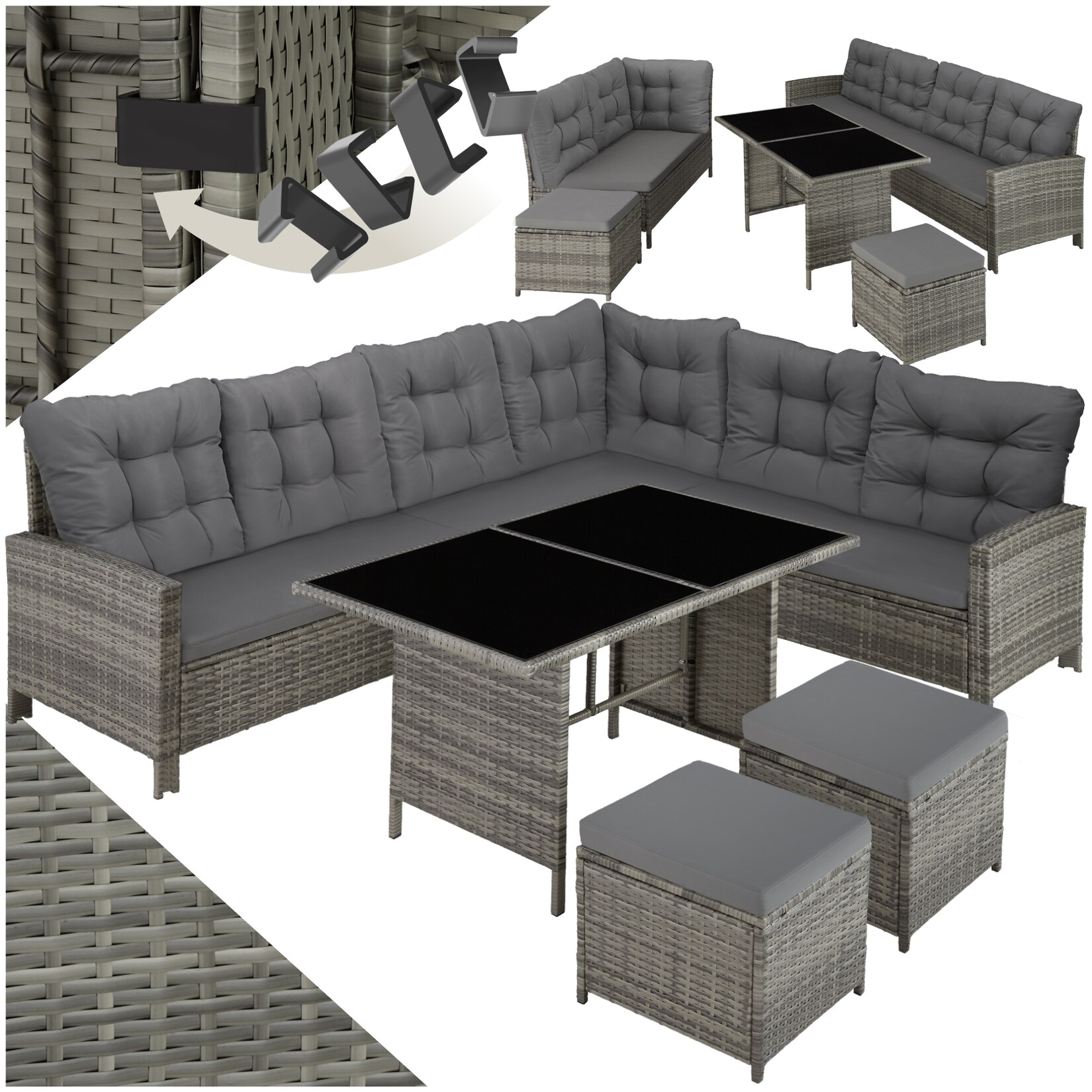 tectake® Rattan Lounge, für 6 bis 8 Personen, UV-beständig, mit Sicherheitsglasplatten