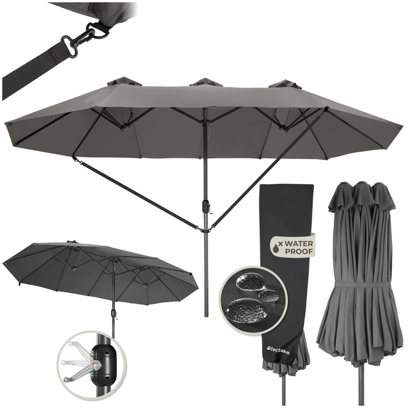 tectake® Sonnenschirm, 460 x 270 cm, stufenlos höhenverstellbar, UV-Schutz 50+, inklusive Windsicherung und Schutzhülle
