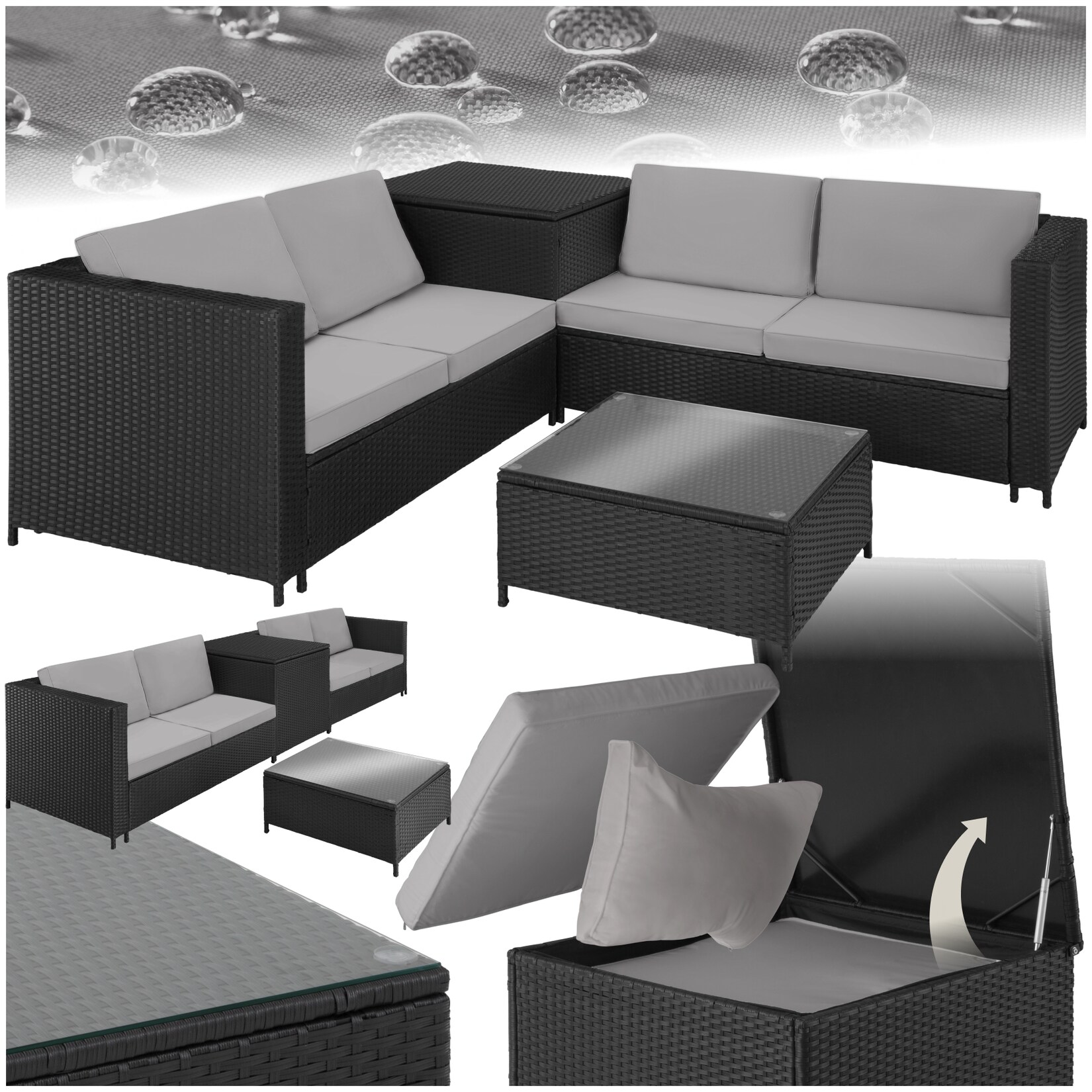 tectake® Rattan Lounge, für 4 Personen, große Aufbewahrungsbox, mit Sicherheitsglasplatte | 04061173206053