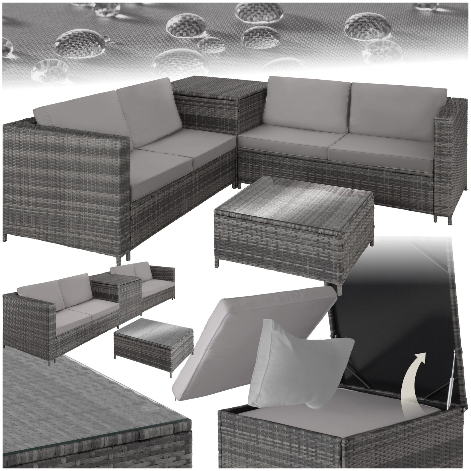 tectake® Rattan Lounge, für 4 Personen, große Aufbewahrungsbox, mit Sicherheitsglasplatte
