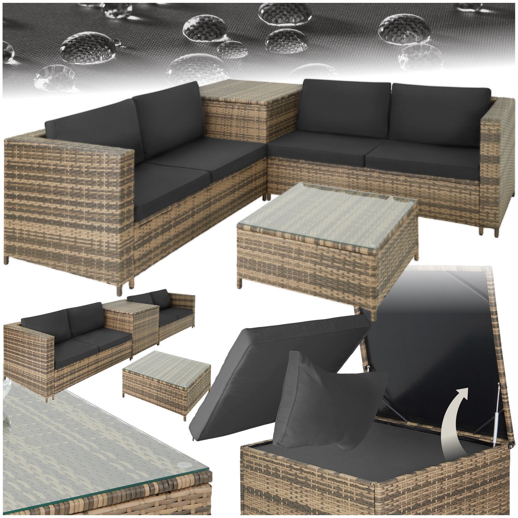 tectake® Rattan Lounge, für 4 Personen, große Aufbewahrungsbox, mit Sicherheitsglasplatte