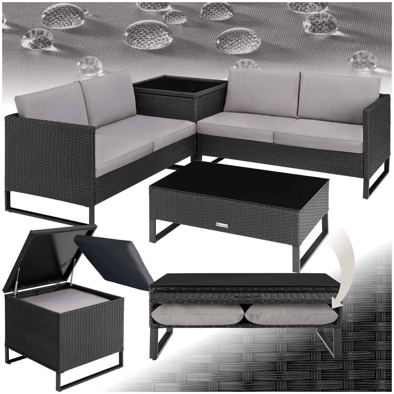 tectake® Rattan Lounge, für 4 Personen, große Aufbewahrungsbox, mit Sicherheitsglasplatte