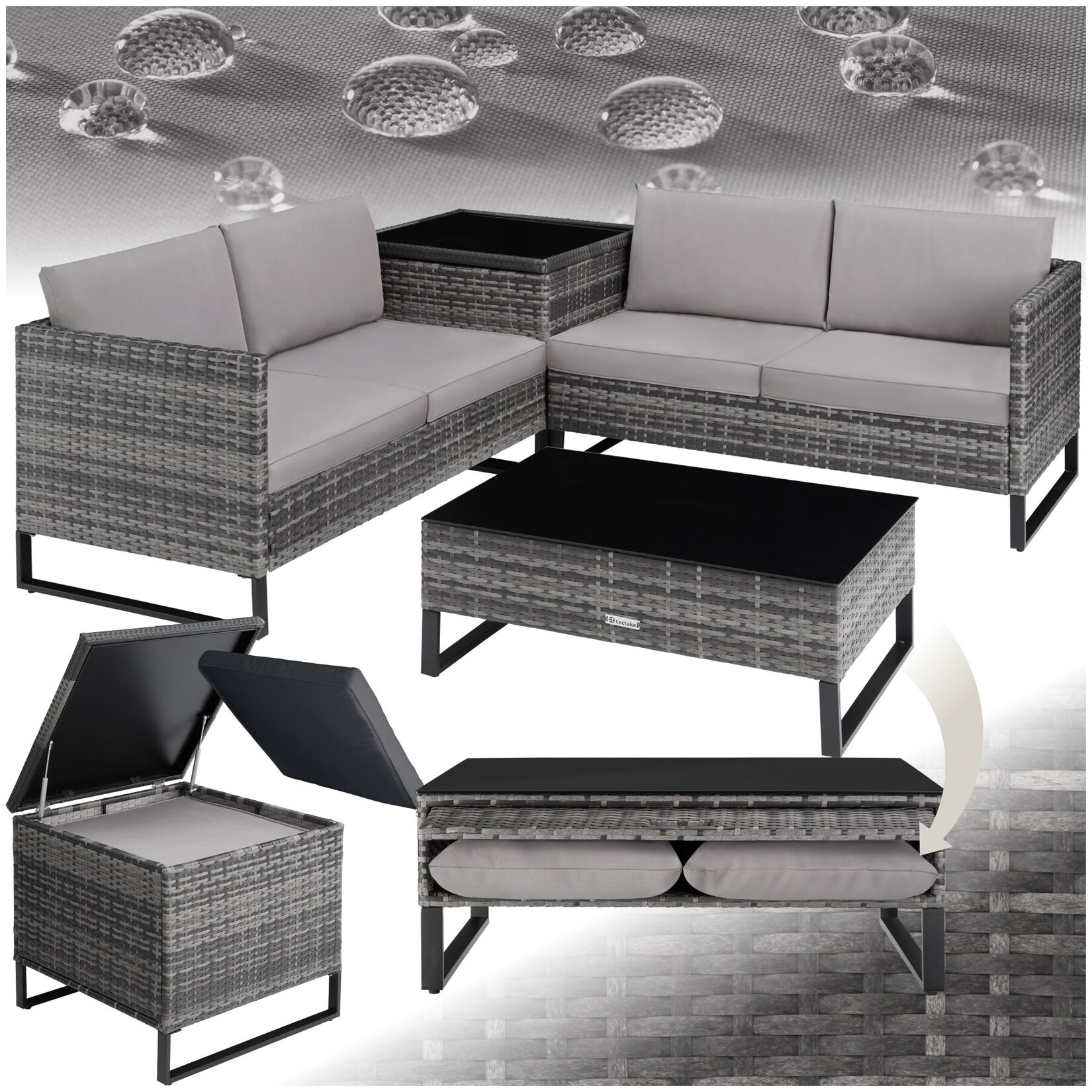 tectake® Rattan Lounge, für 4 Personen, große Aufbewahrungsbox, mit Sicherheitsglasplatte