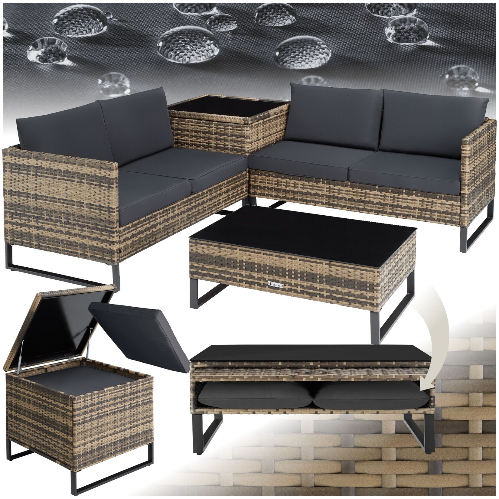 tectake® Rattan Lounge, für 4 Personen, große Aufbewahrungsbox, mit Sicherheitsglasplatte