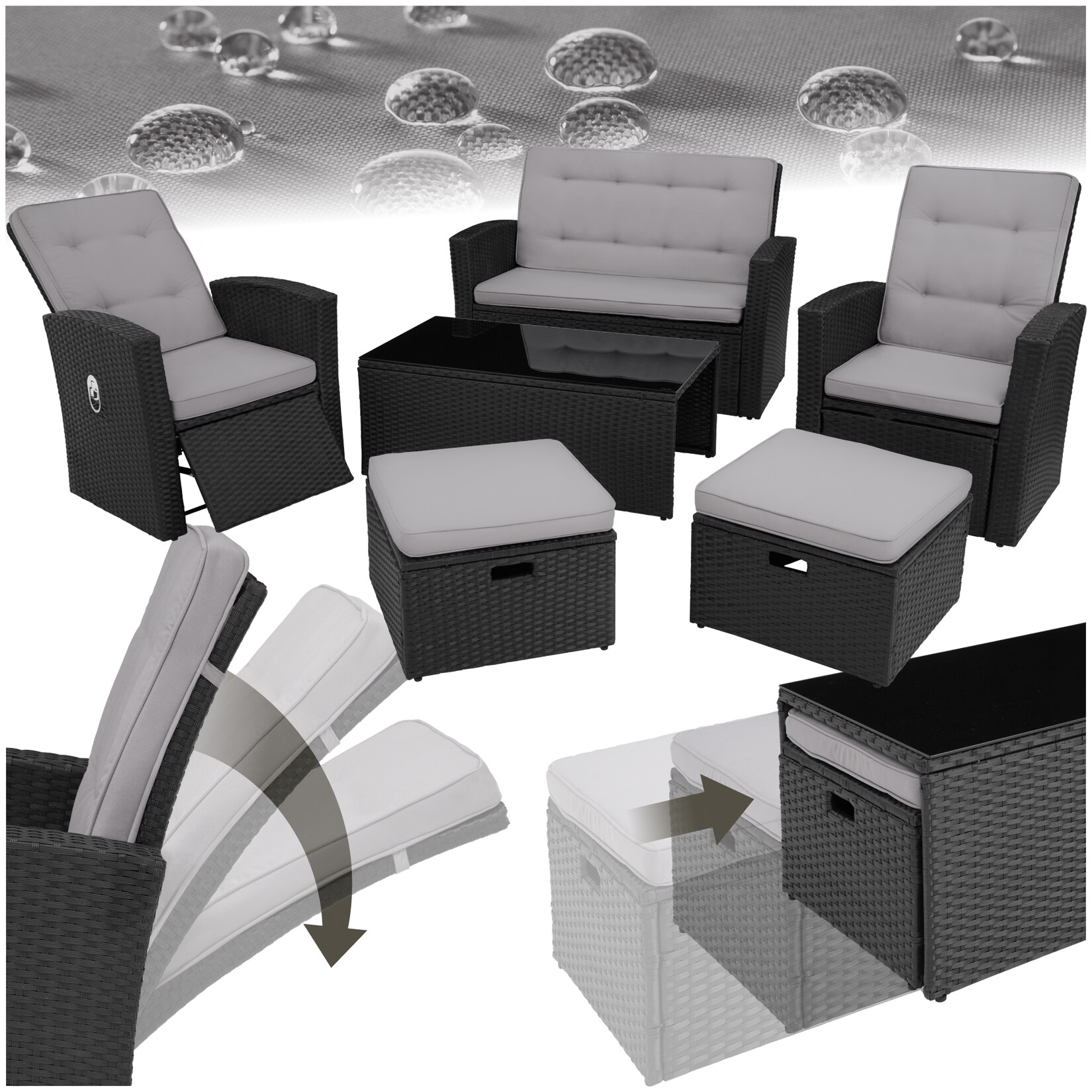 tectake® Rattan Lounge, mit Aluminiumgestell, wetterfest und UV-beständig, mit Sicherheitsglasplatte und Schraubfüßen