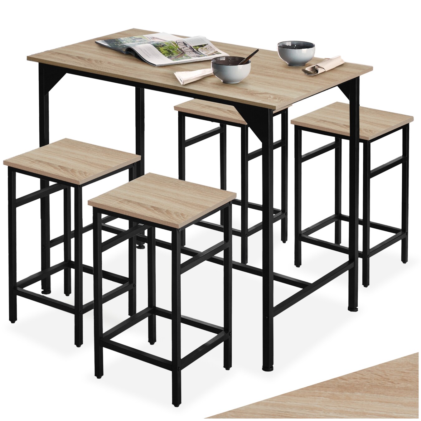tectake® Bartisch-Set, 5-teilig, Industrial Style, mit höhenverstellbaren Kunststofffüßen