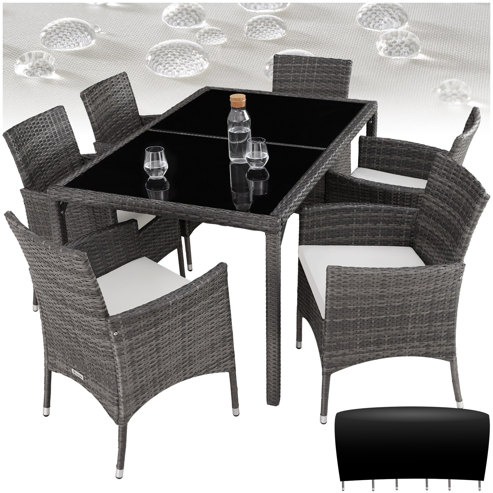 tectake® Rattan Sitzgruppe, für 6 Personen, UV-beständig, inklusive Schutzhülle