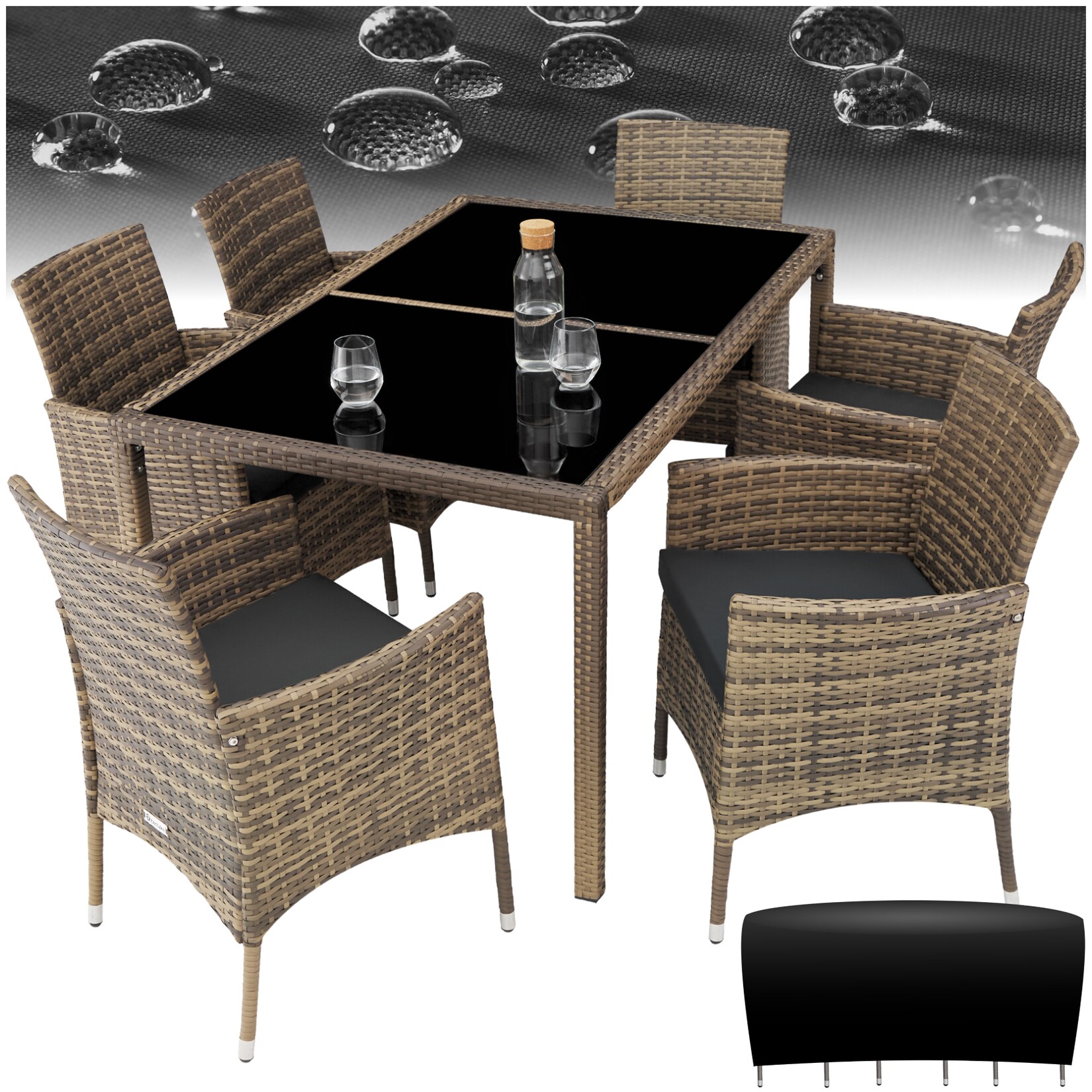 tectake Rattan Sitzgruppe, für 6 Personen, UV-beständig, inklusive Schutzhülle