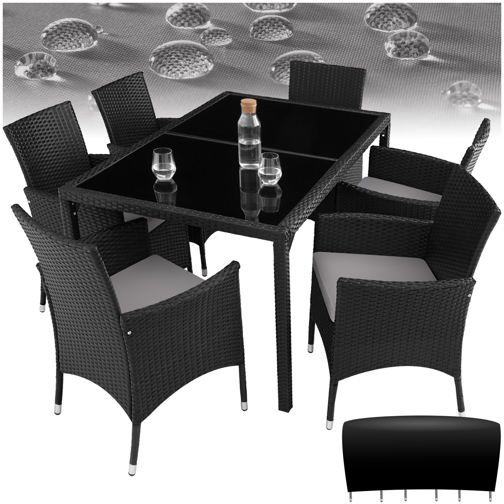 tectake Rattan Sitzgruppe, für 6 Personen, UV-beständig, inklusive Schutzhülle