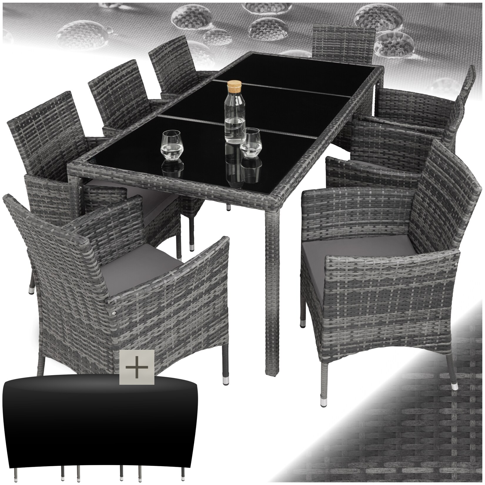 tectake® Rattan Sitzgruppe, für 8 Personen, UV-beständig, inklusive Schutzhülle