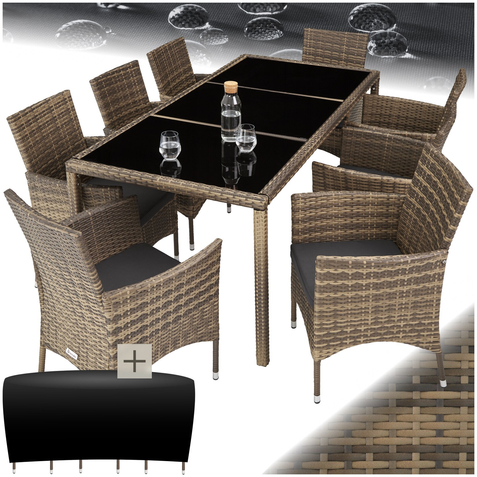 tectake® Rattan Sitzgruppe, für 8 Personen, UV-beständig, inklusive Schutzhülle