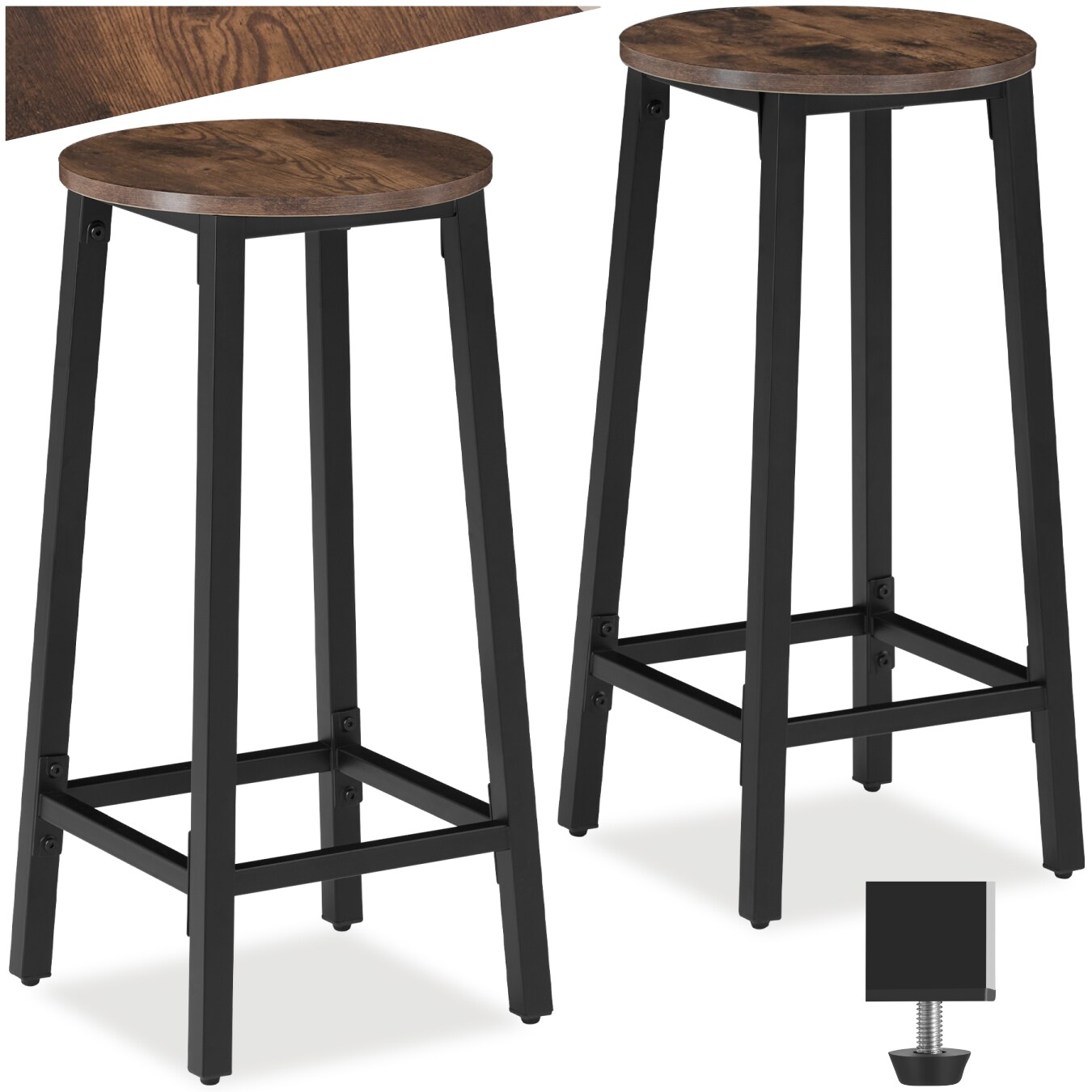 tectake® Set Barhocker, Industrial Style, mit höhenverstellbaren Kunststofffüßen, Sitzhöhe 66 cm