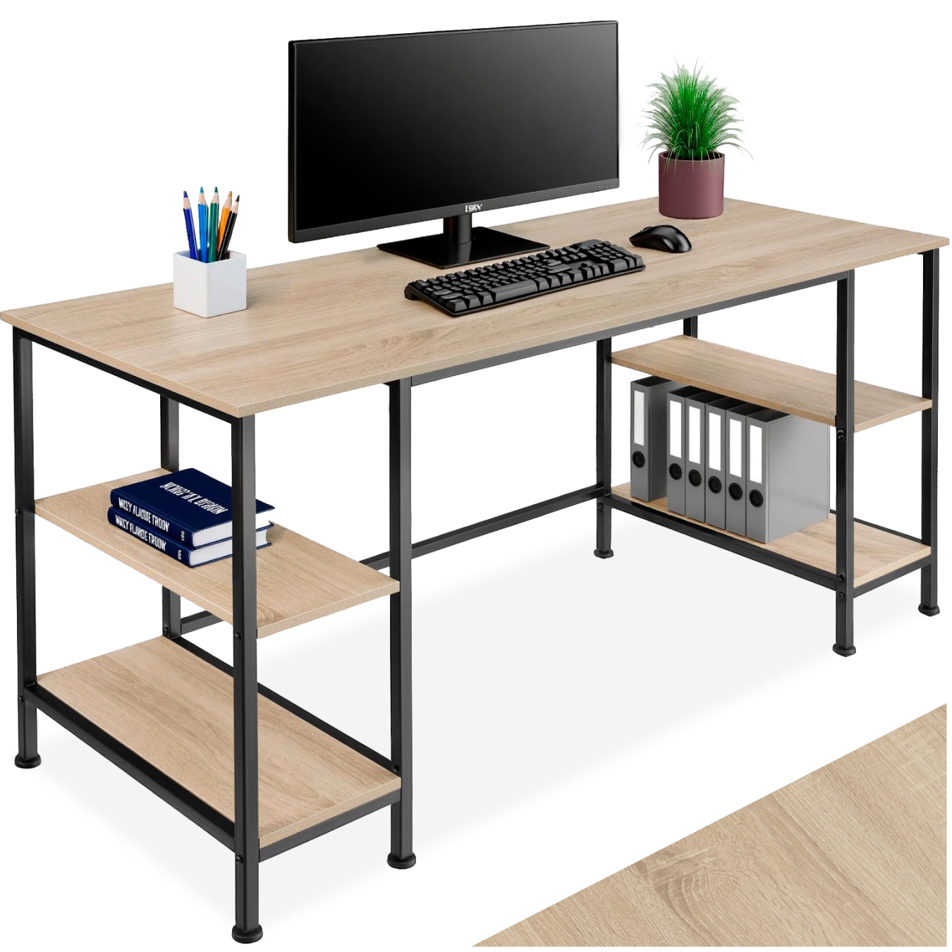tectake® Computer-Schreibtisch, Industrial Style, 2 Seitenregale mit je 2 Ablagefächern, 137 x 55 x 75 cm