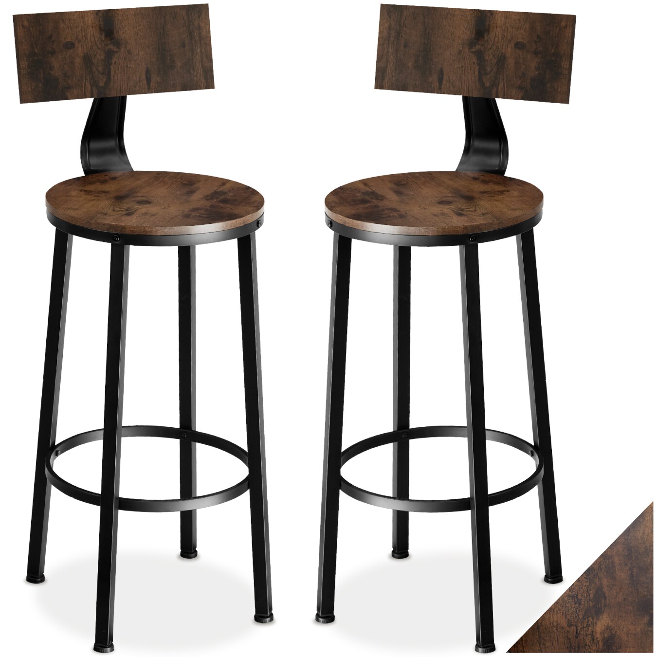 tectake® 2er Set Barhocker, mit Rückenlehne, Holz und Stahl, Sitzhöhe 74 cm | 04061173206572