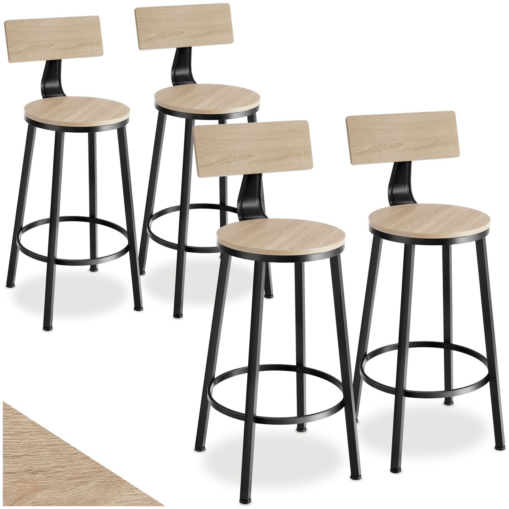 tectake® Set Barhocker, mit Rückenlehne, Holz und Stahl, Sitzhöhe 73 cm