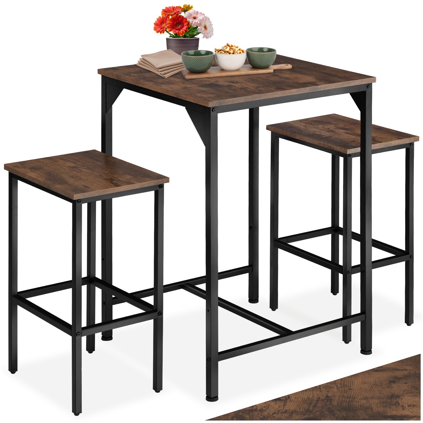 tectake® Barset, 3-teilig, Industrial Style, mit höhenverstellbaren Kunststofffüßen