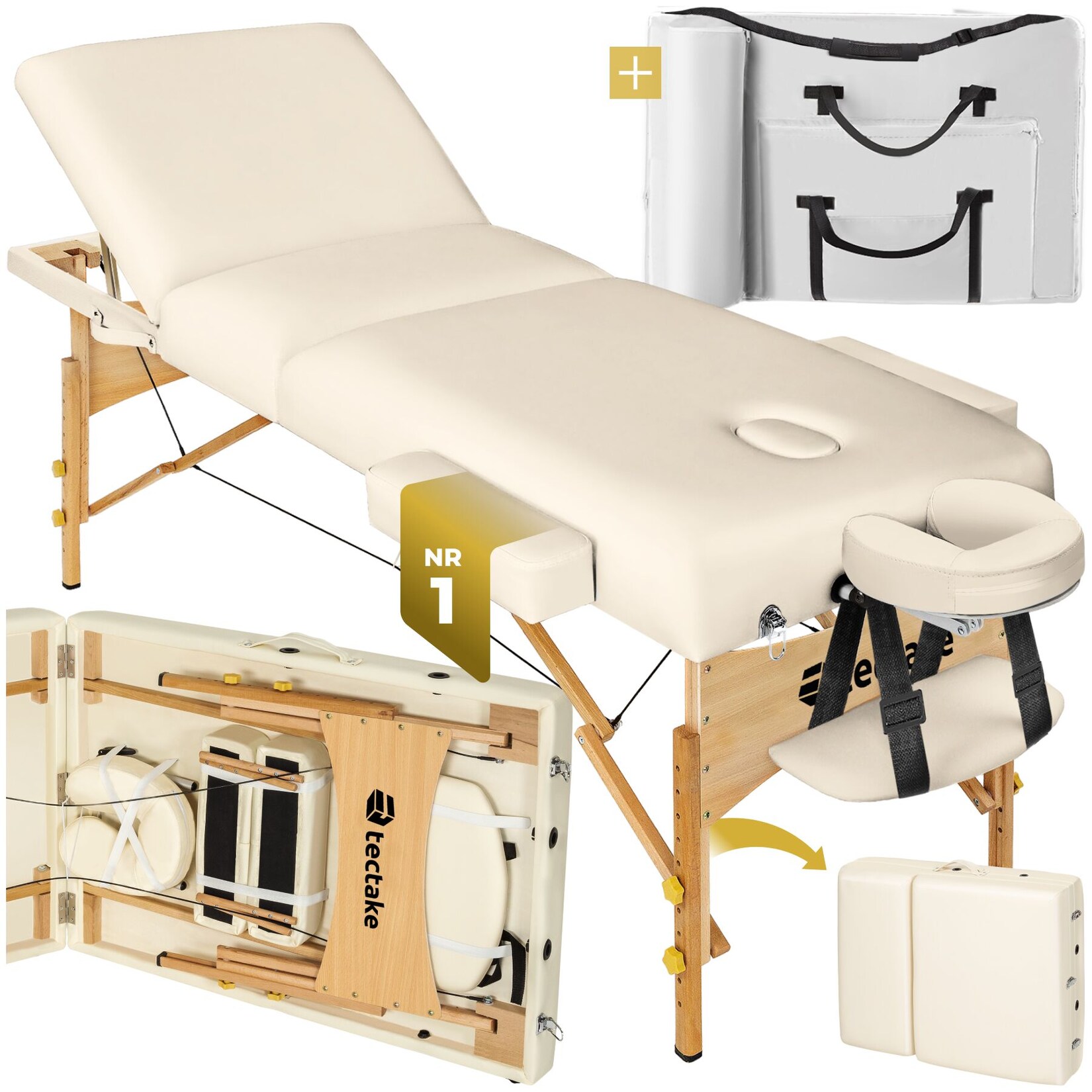tectake® 3 Zonen Massageliege, Breite 70 cm, Polsterung 7,5 cm, mit Holzgestell, 218 x 102 x 90 cm