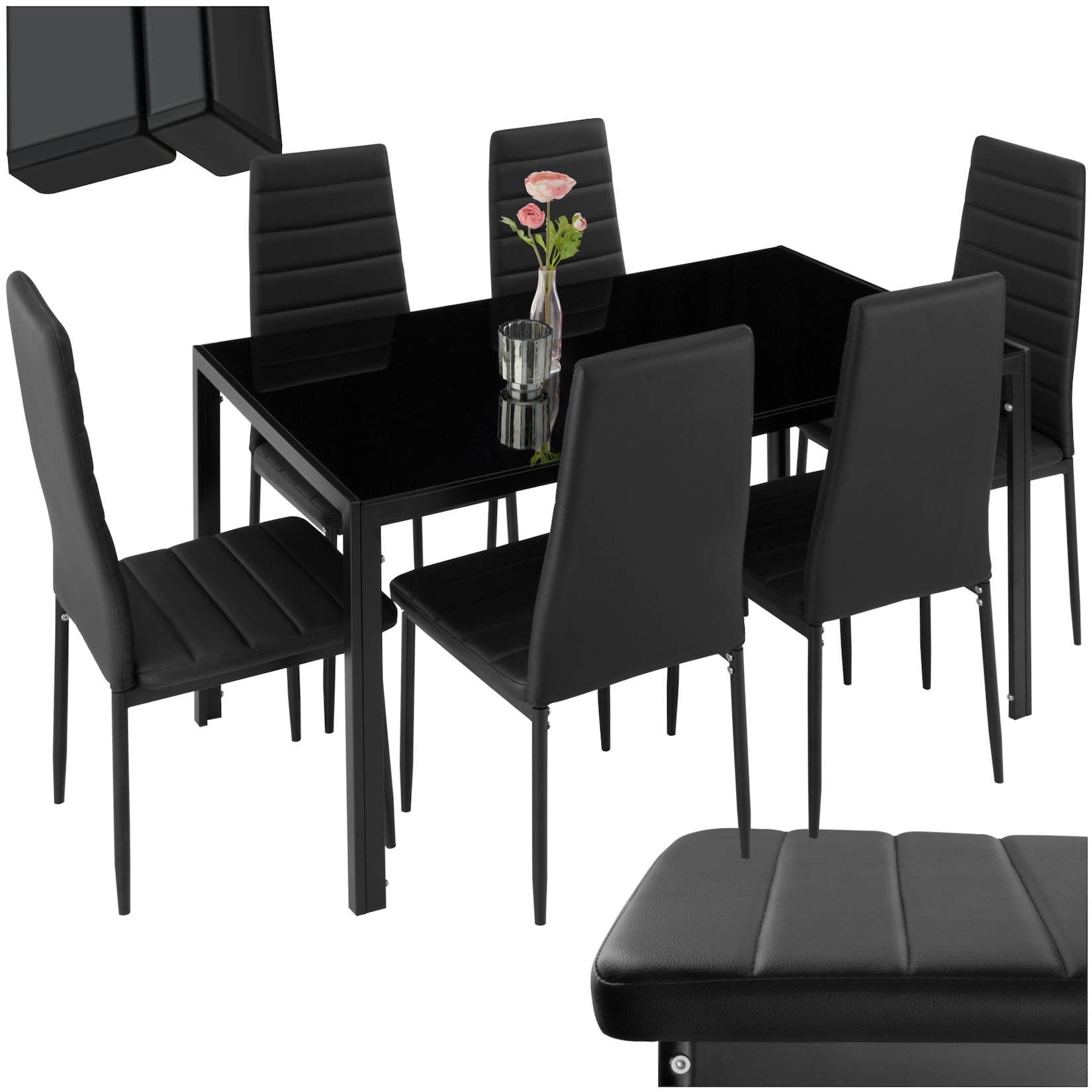 tectake® Esszimmergruppe, 7-teilig, gepolstert mit Kunstlederbezug, bodenschonende Kunststoffkappen