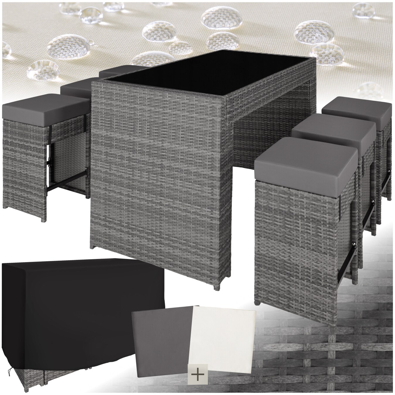 tectake&reg; Aluminium Rattan Barset, wetterfest und UV-best&auml;ndig, mit Sicherheitsglasplatte, 2 Bezugssets - Bild 1