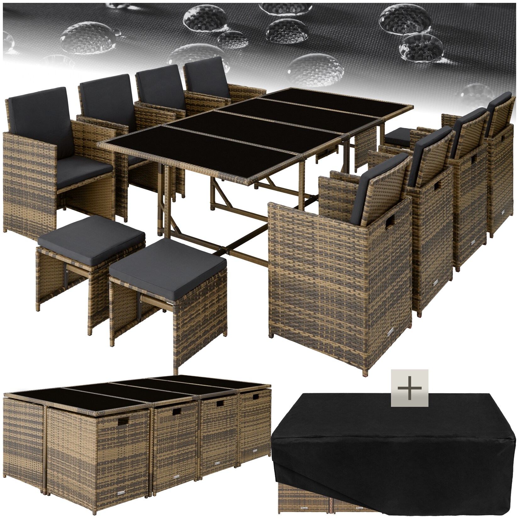 tectake® Rattan Sitzgruppe, für 8 bis 12 Personen, UV-beständig, zusammenschiebbar, inklusive Schutzhülle