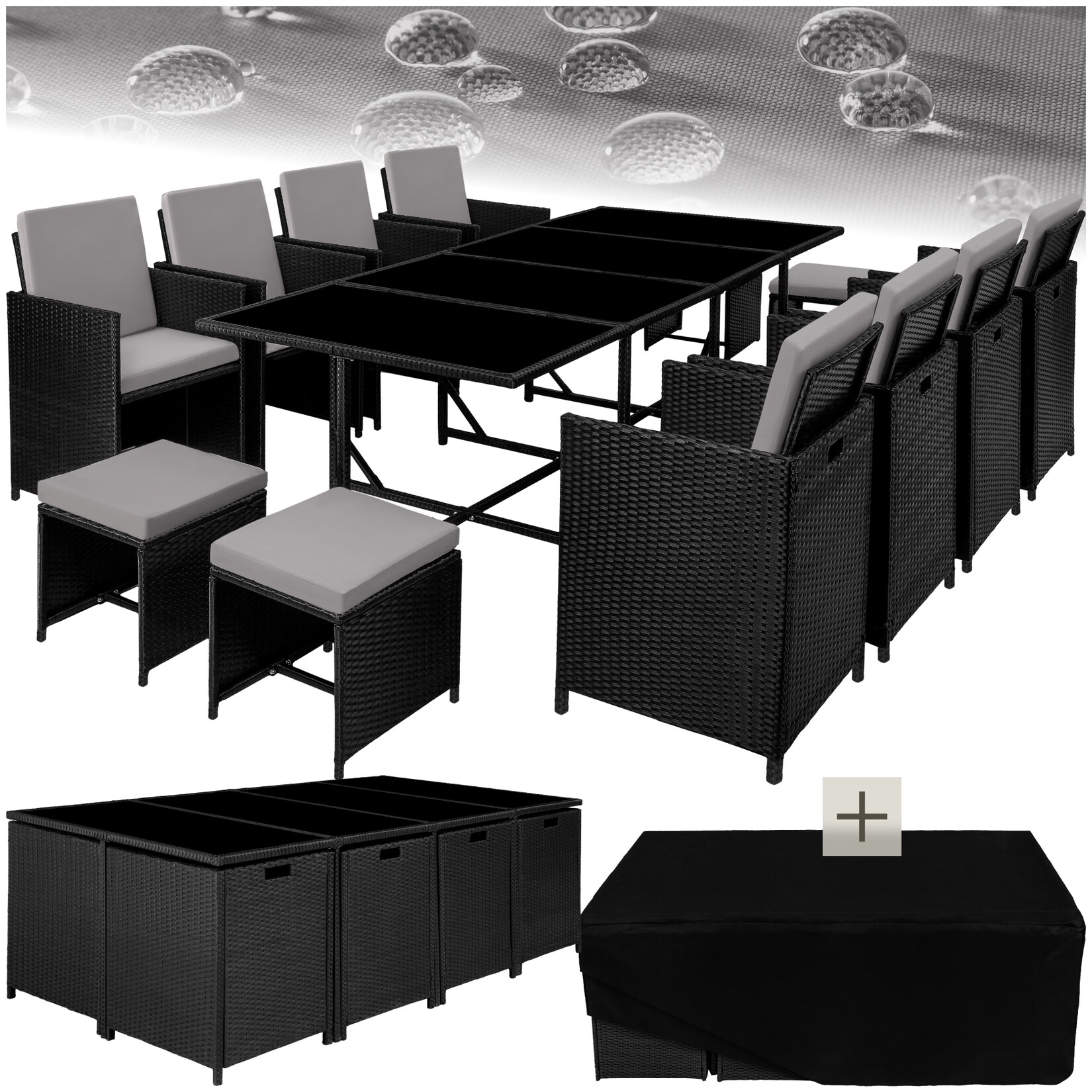 tectake® Rattan Sitzgruppe, für 8 bis 12 Personen, UV-beständig, zusammenschiebbar, inklusive Schutzhülle