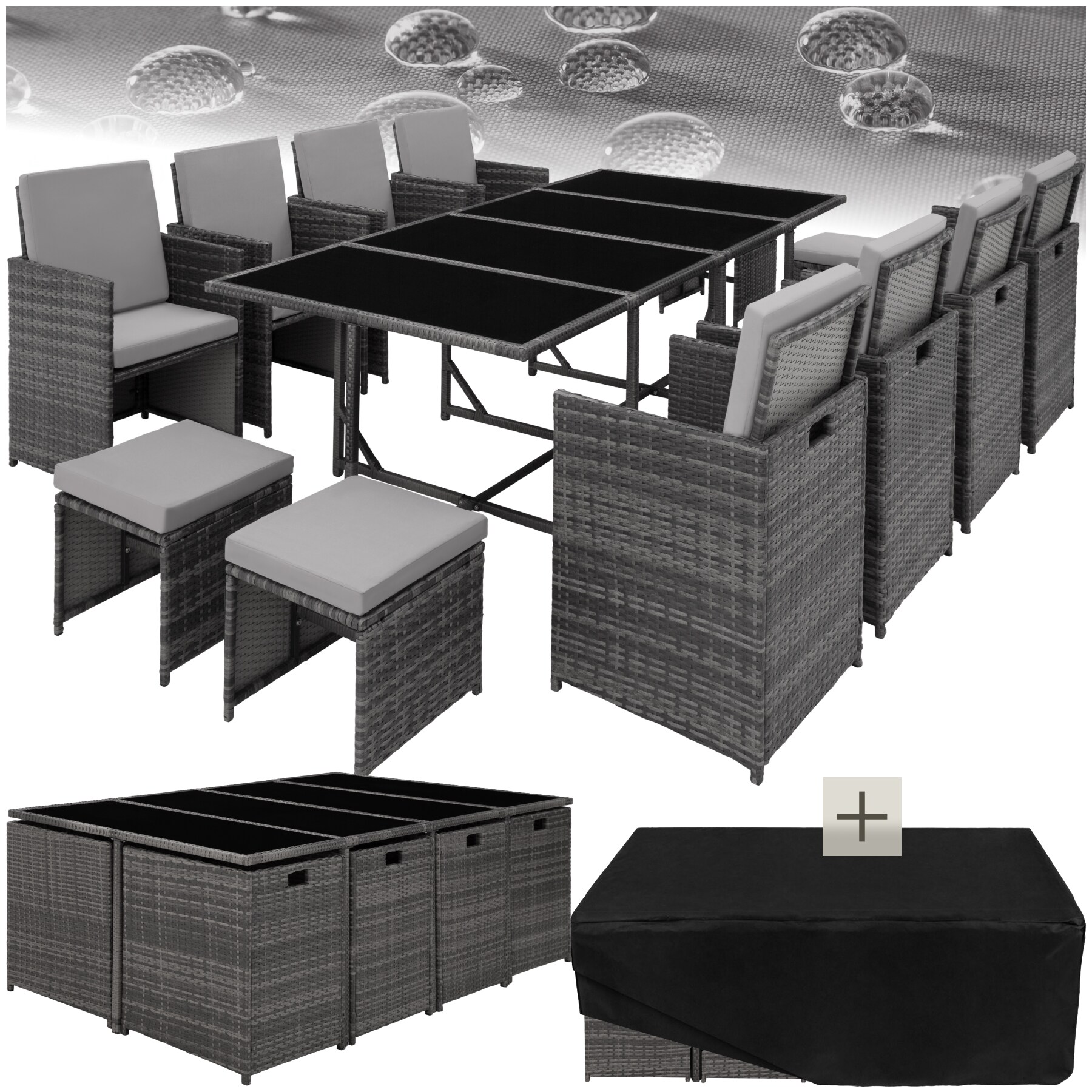 tectake&reg; Rattan Sitzgruppe, f&uuml;r 8 bis 12 Personen, UV-best&auml;ndig, zusammenschiebbar, inklusive Schutzh&uuml;lle - Bild 1
