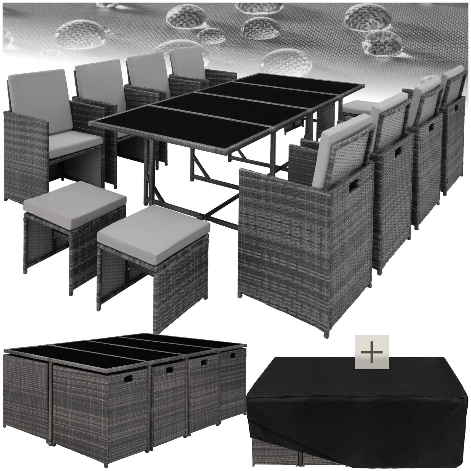 tectake® Rattan Sitzgruppe, für 8 bis 12 Personen, UV-beständig, zusammenschiebbar, inklusive Schutzhülle