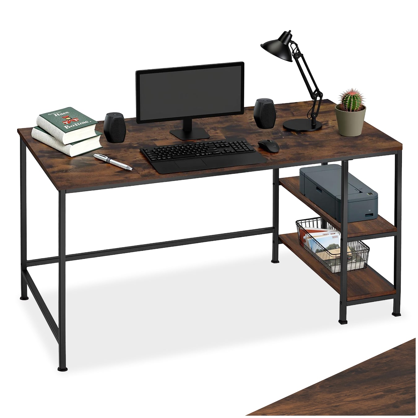 tectake® Computer-Schreibtisch, Industrial Style, Seitenregal mit 2 Ablagefächern, 120 x 60 x 75,5 cm