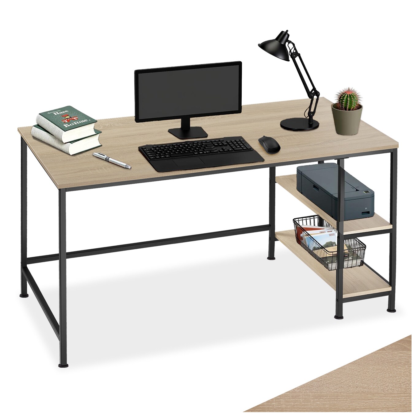 tectake® Computer-Schreibtisch, Industrial Style, Seitenregal mit 2 Ablagefächern, 120 x 60 x 75,5 cm