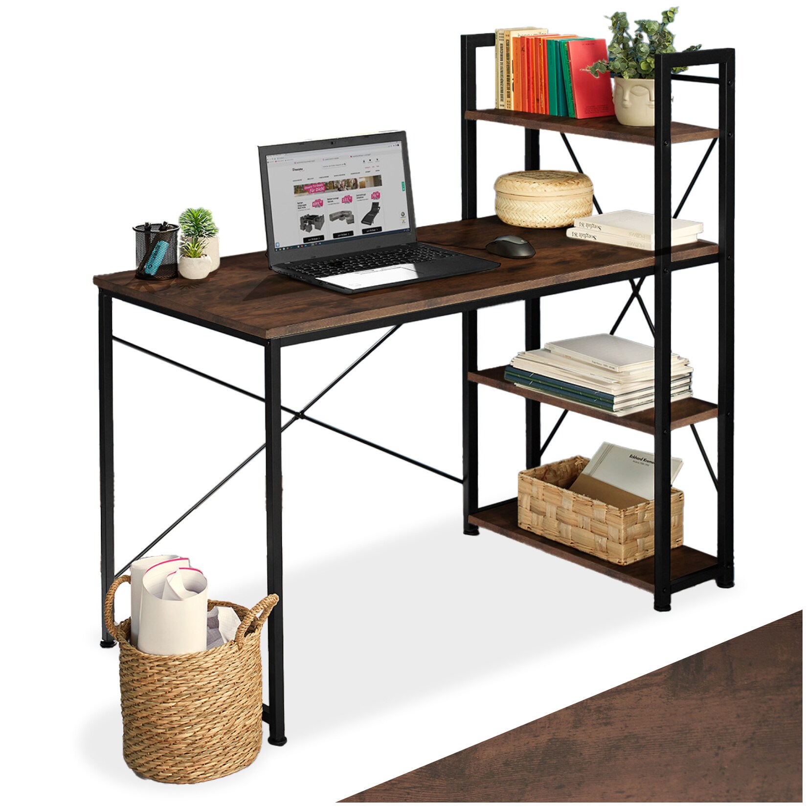tectake® Computer-Schreibtisch, Industrial Style, integriertes Regal mit 3 Ablagefächern, 122 x 61 x 120 cm