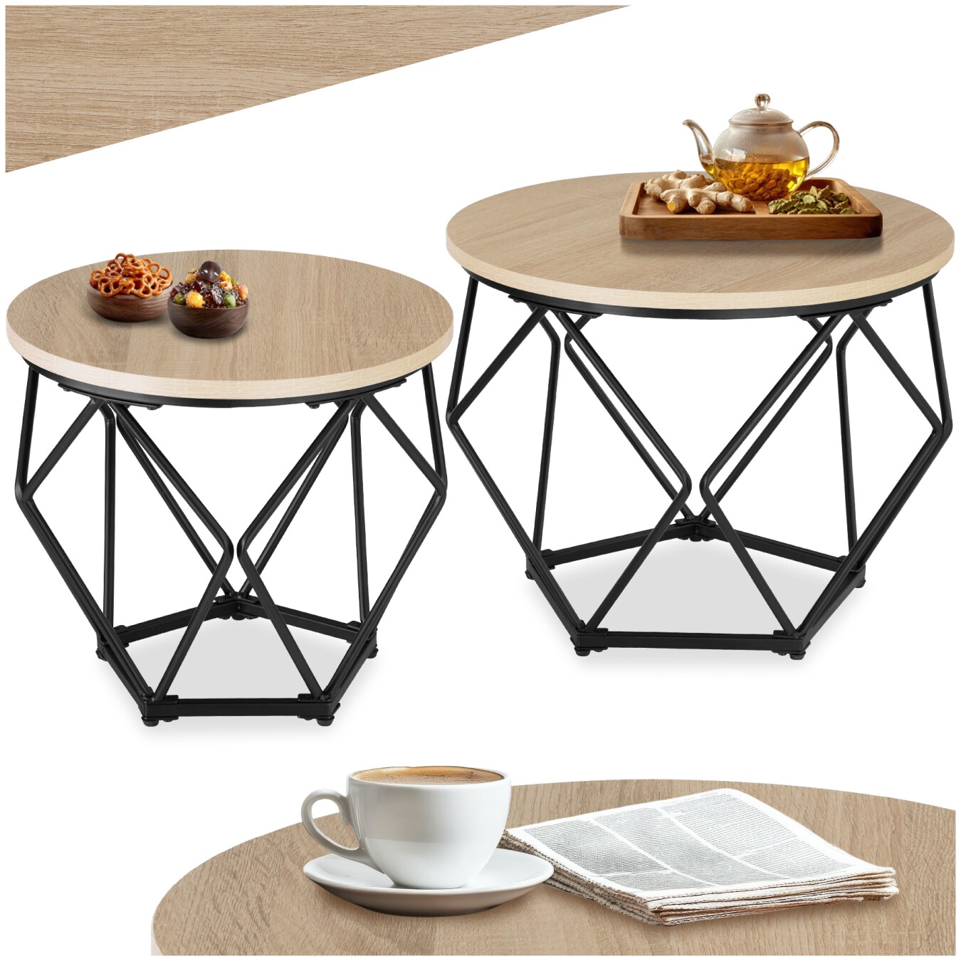 tectake® 2er Set Couchtisch, Industrial Style, Gestell in Diamantform, mit höhenverstellbaren Kunststofffüßen