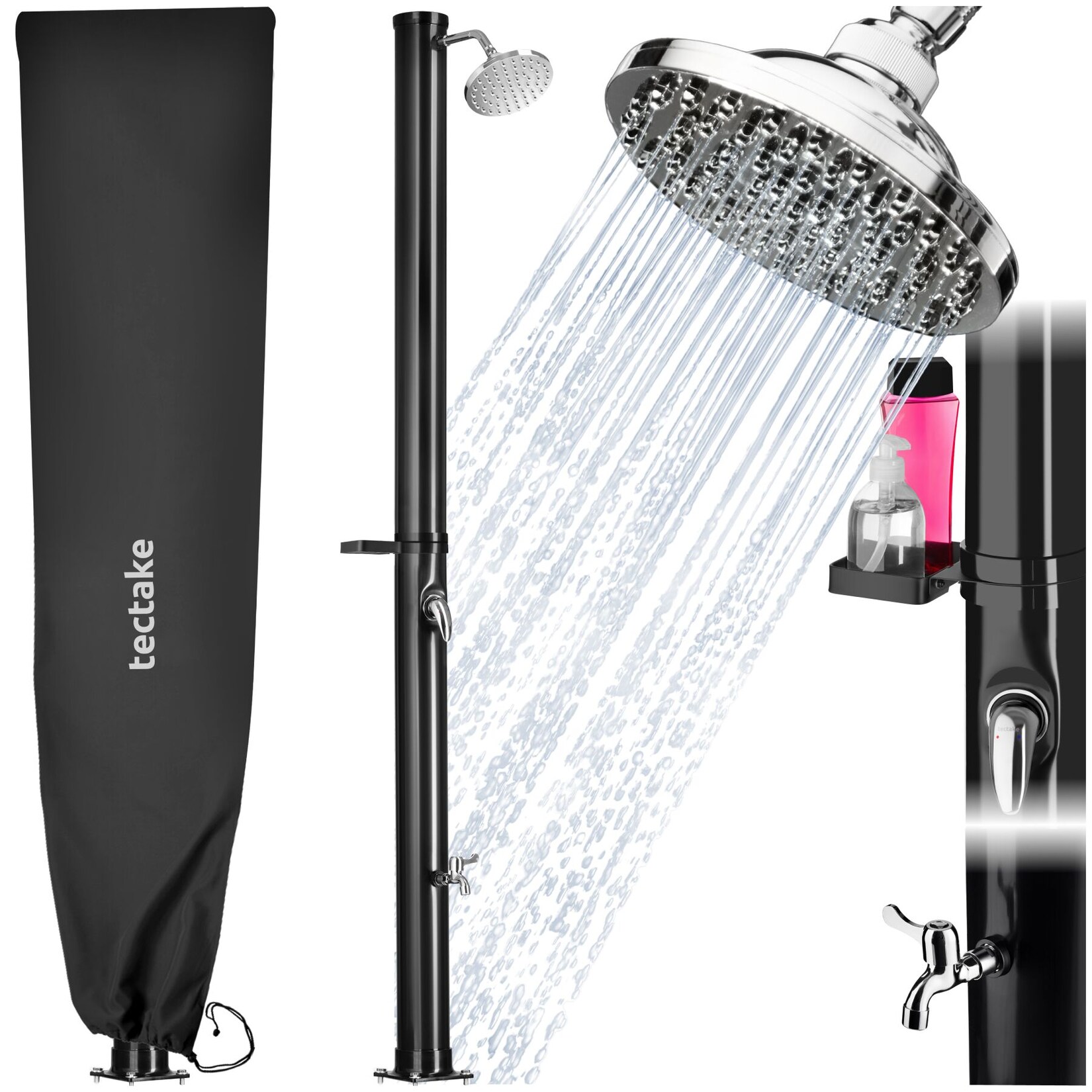tectake® Solardusche, 20 Liter, mit Seifenablage, Regenduschkopf mit Kugelgelenk, extra Wasserhahn, inklusive Schutzhülle