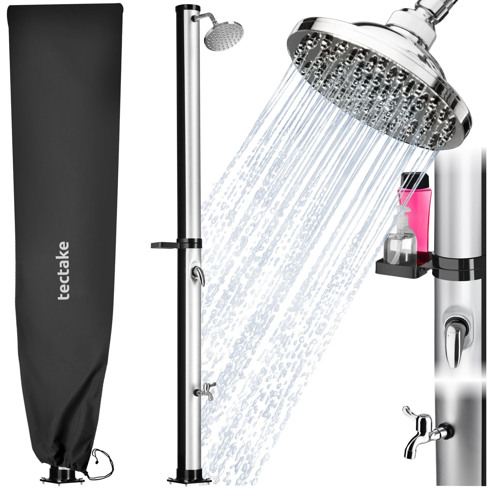 tectake® Solardusche, 20 Liter, mit Seifenablage, Regenduschkopf mit Kugelgelenk, extra Wasserhahn, inklusive Schutzhülle