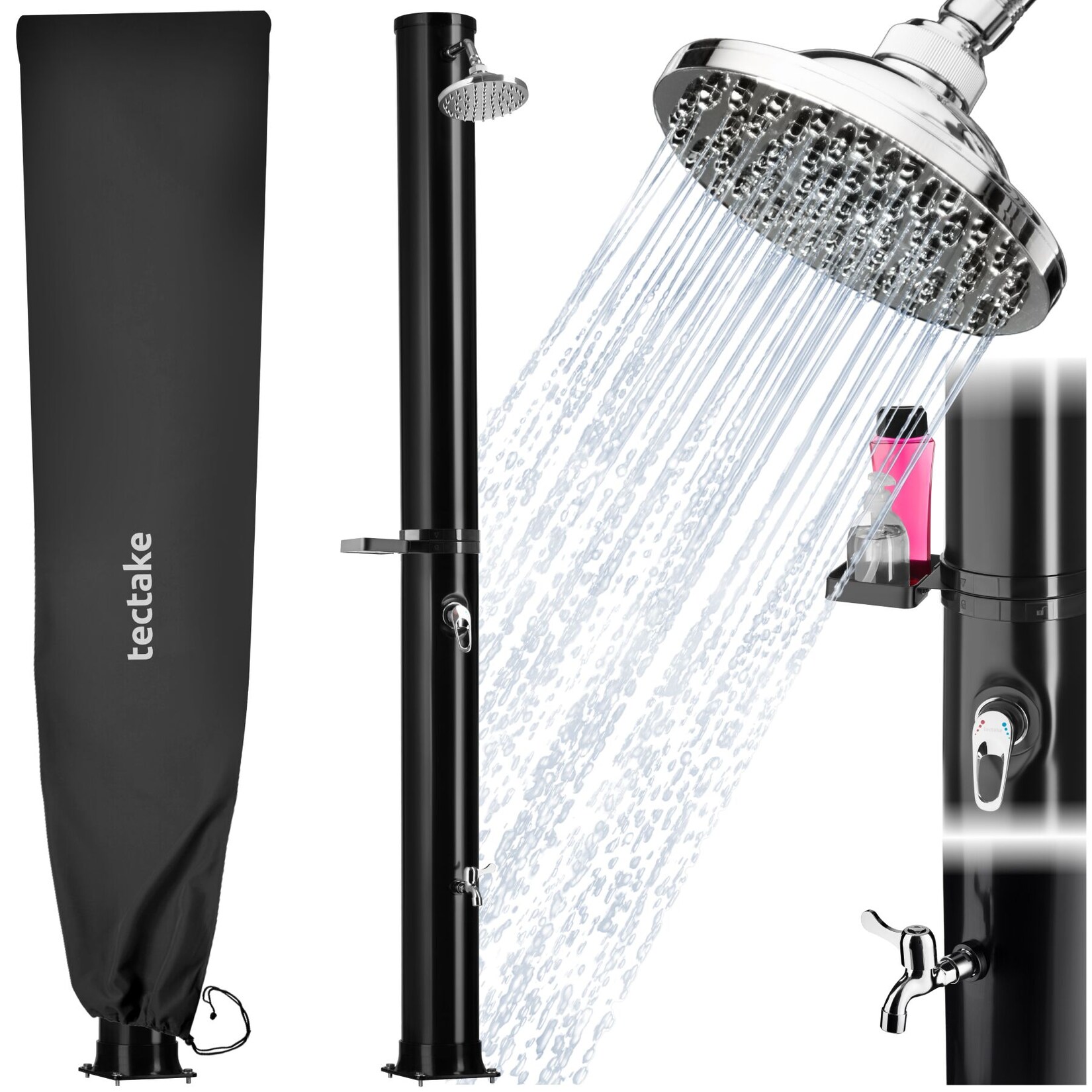 tectake® Solardusche, 40 Liter, mit Seifenablage, Regenduschkopf mit Kugelgelenk, extra Wasserhahn, inklusive Schutzhülle