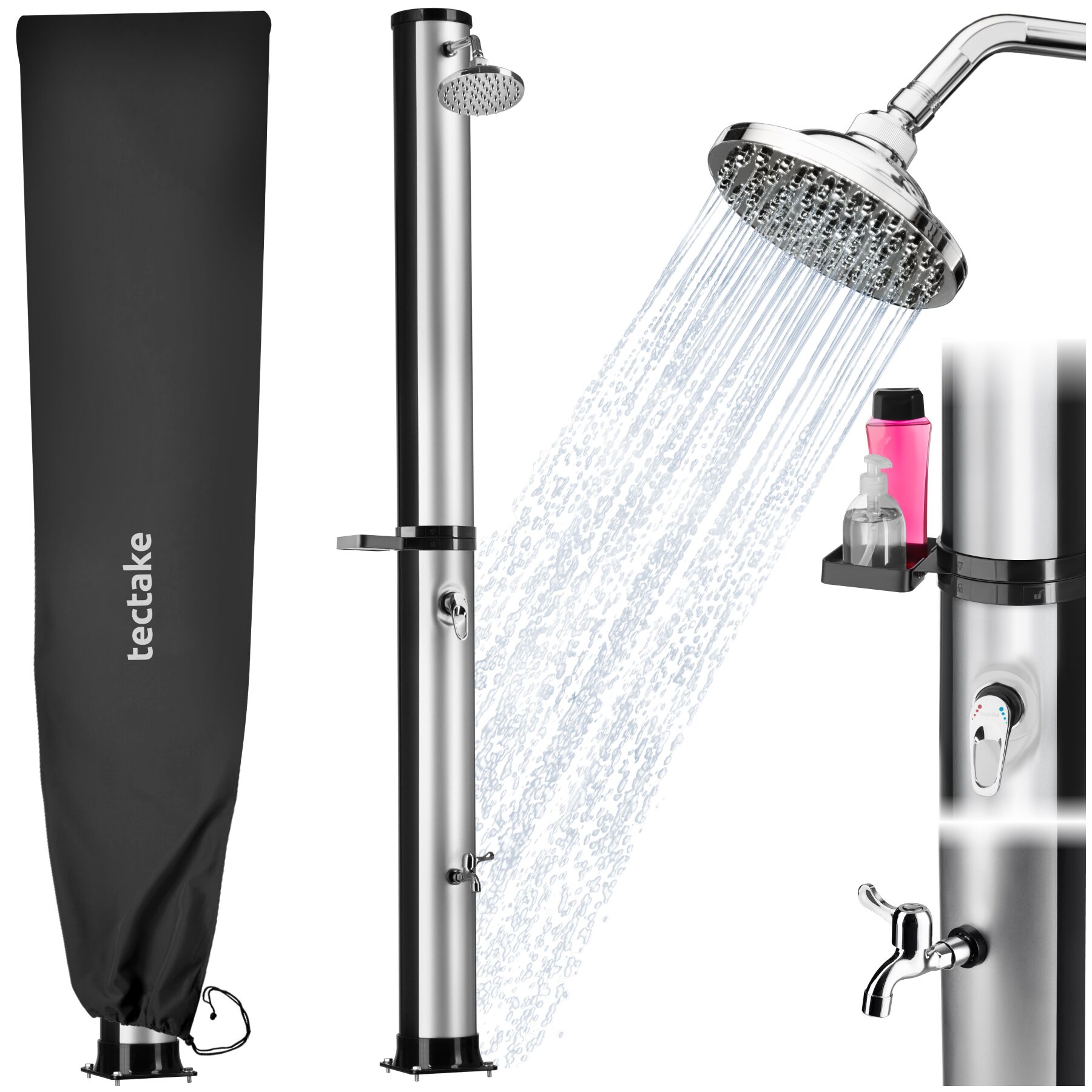 tectake&reg; Solardusche, 40 Liter, mit Seifenablage, Regenduschkopf mit Kugelgelenk, extra Wasserhahn, inklusive Schutzh&uuml;lle - Bild 1