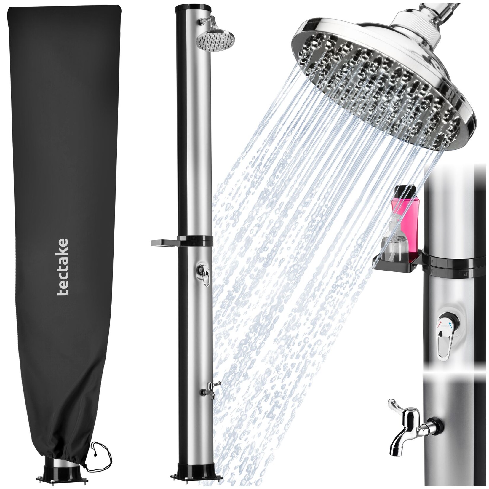 tectake® Solardusche, 40 Liter, mit Seifenablage, Regenduschkopf mit Kugelgelenk, extra Wasserhahn, inklusive Schutzhülle